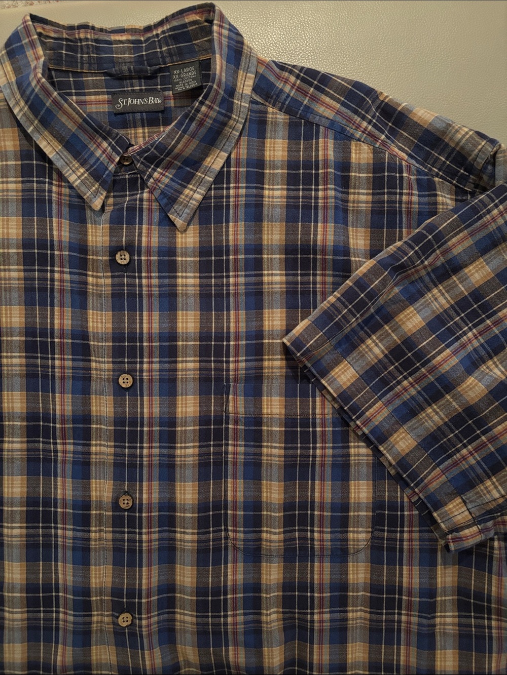 St. John's Bay Men's Blue and Tan Plaid Short-Sleeve Button-Down Shirt